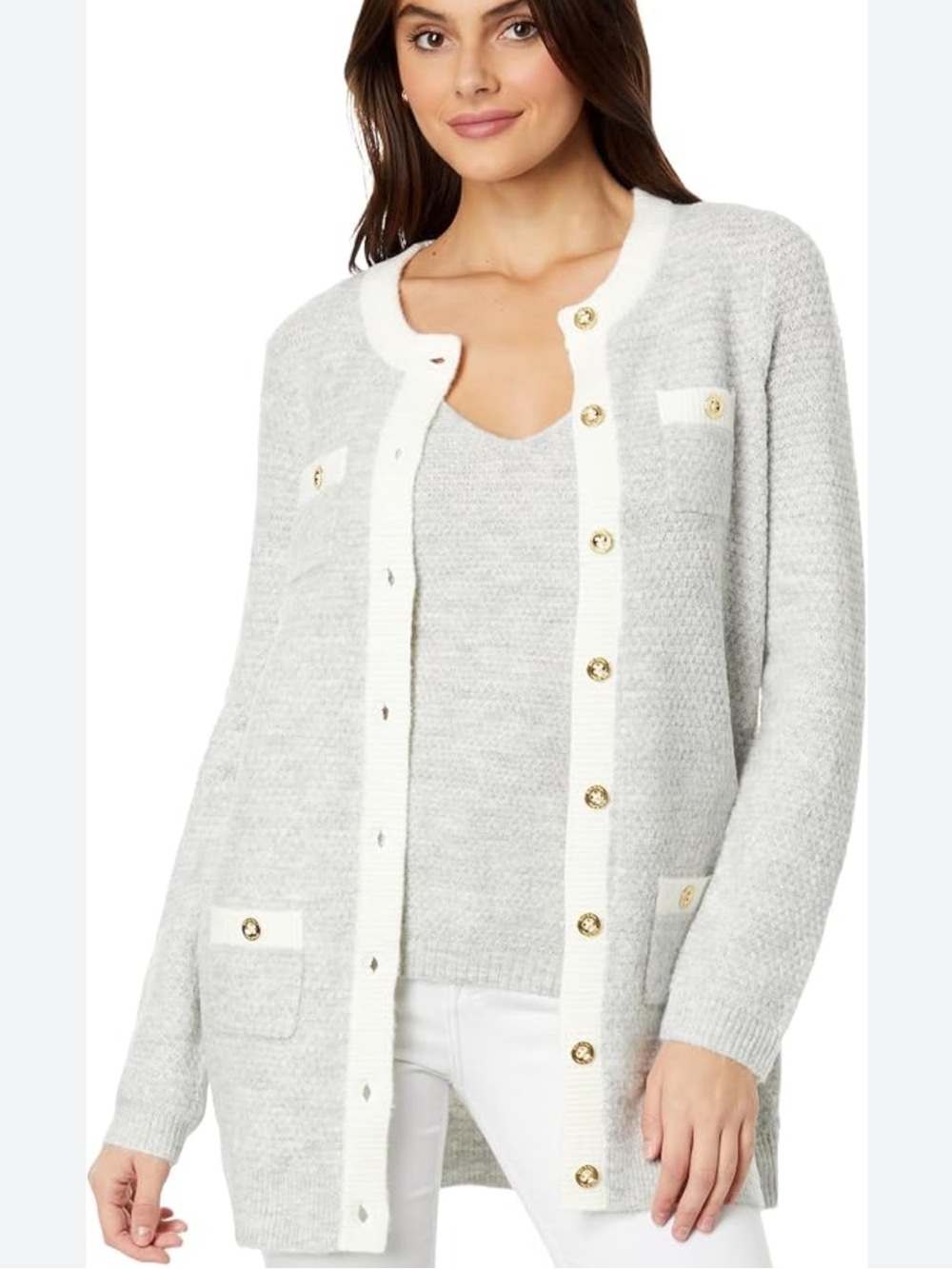 Gray Knit Cardigan set with Cream Trim and Gold Buttons